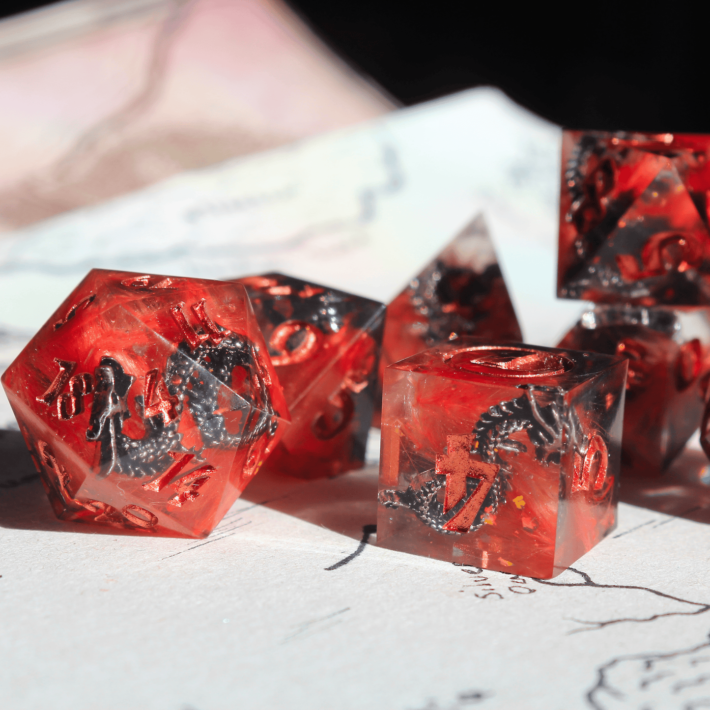 Silver Dragon of the Blood-Orange Moon 7-Piece Dice Set