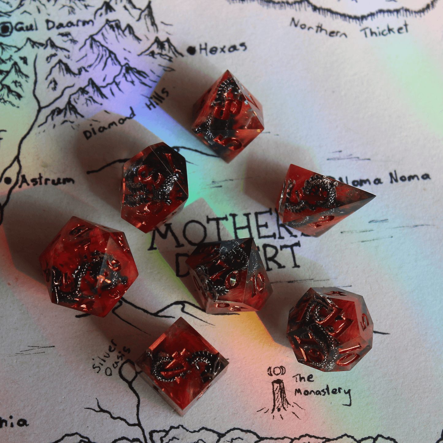 Silver Dragon of the Blood-Orange Moon 7-Piece Dice Set