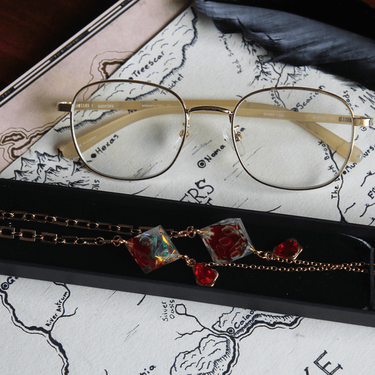 Sparkly Rose Glasses Chain with Dice