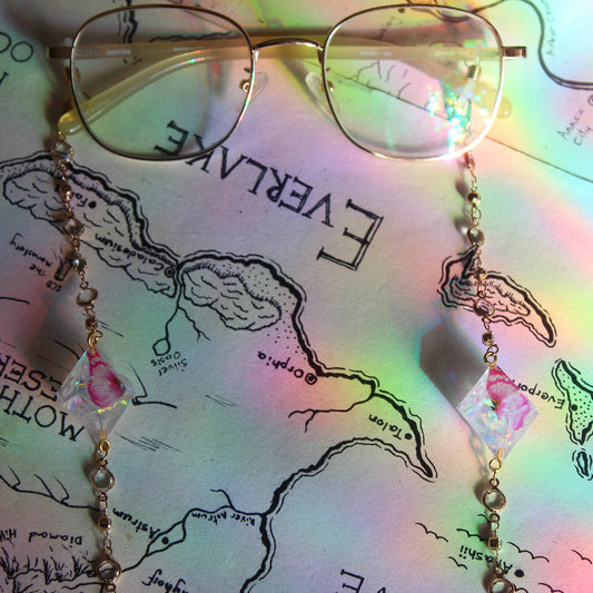 Peach Pink Butterfly Glasses Chain with Dice