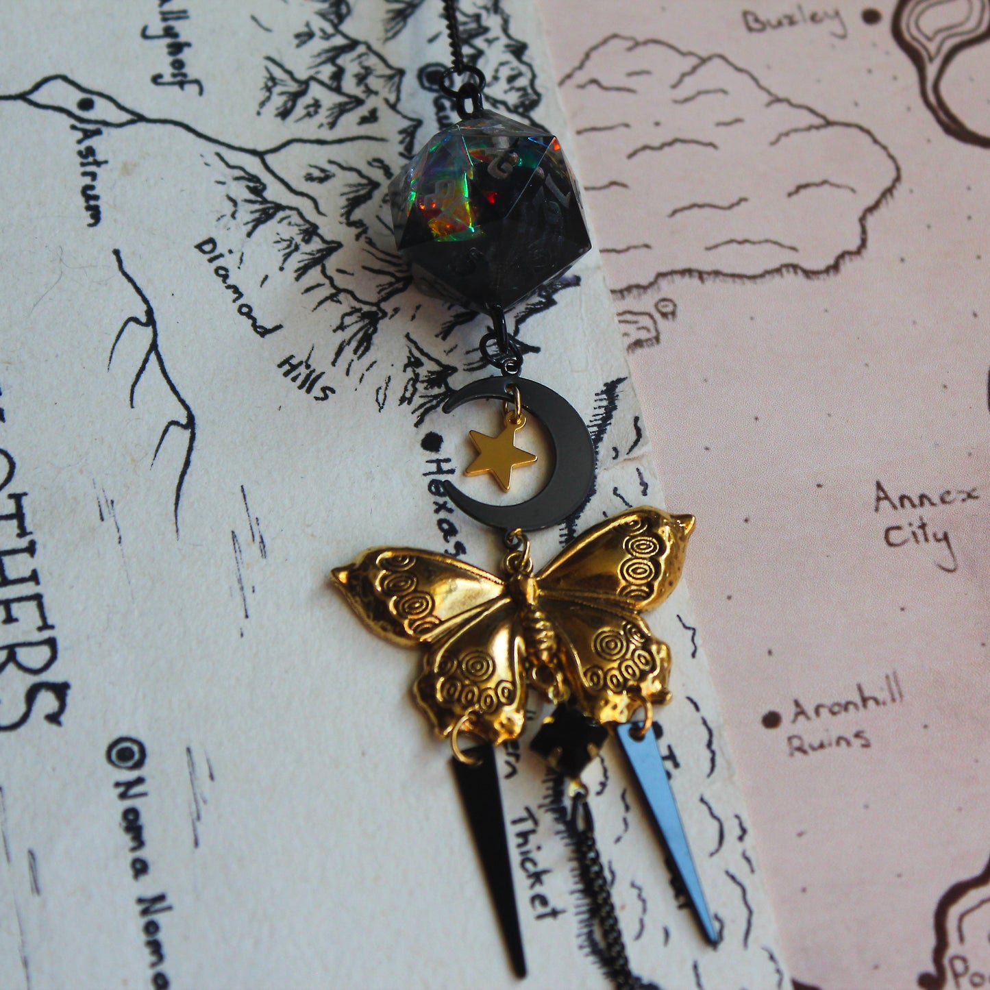 Butterflies on the Moon Glasses Chain with Dice