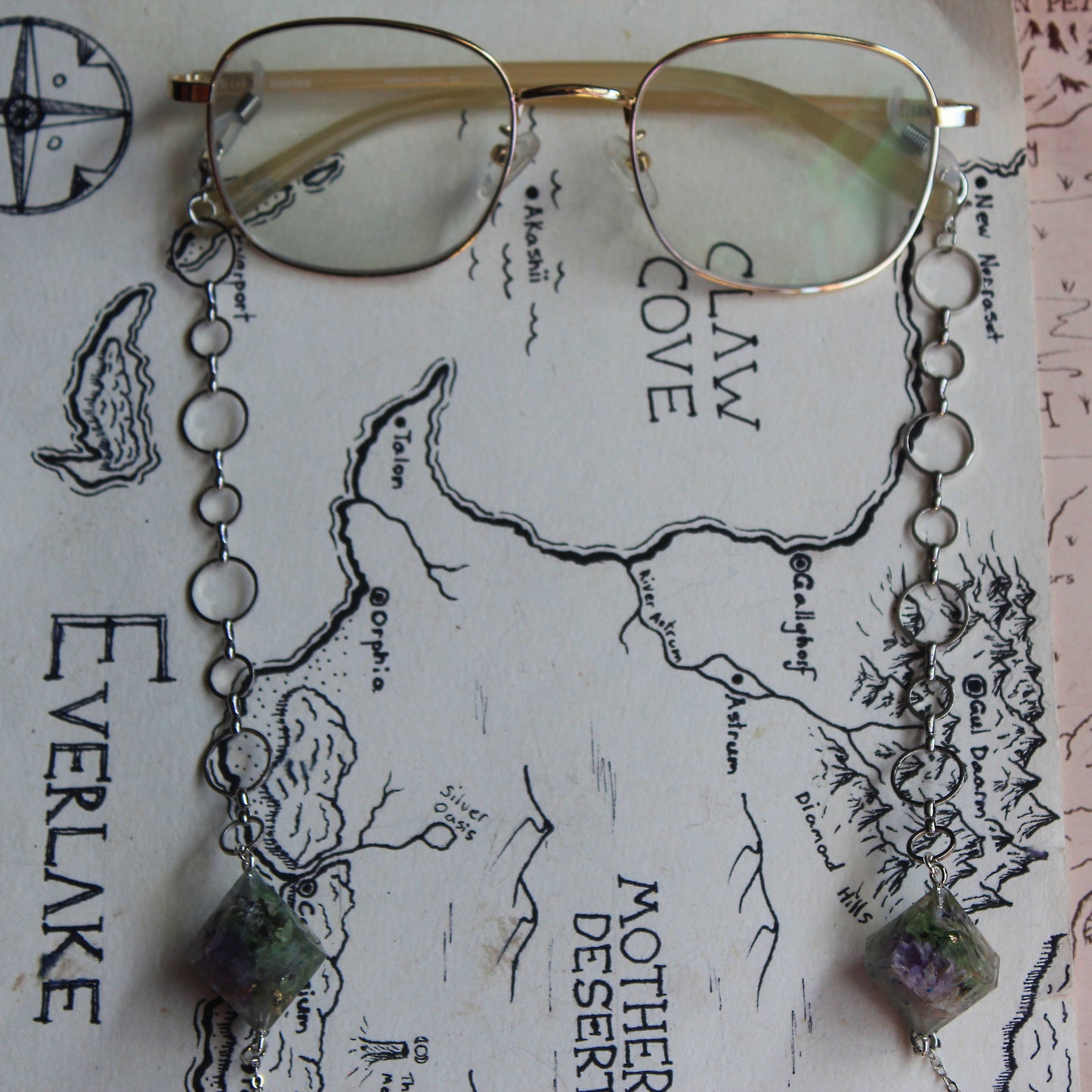 Homegrown Florals and Gold Flakes Glasses Chain with Dice