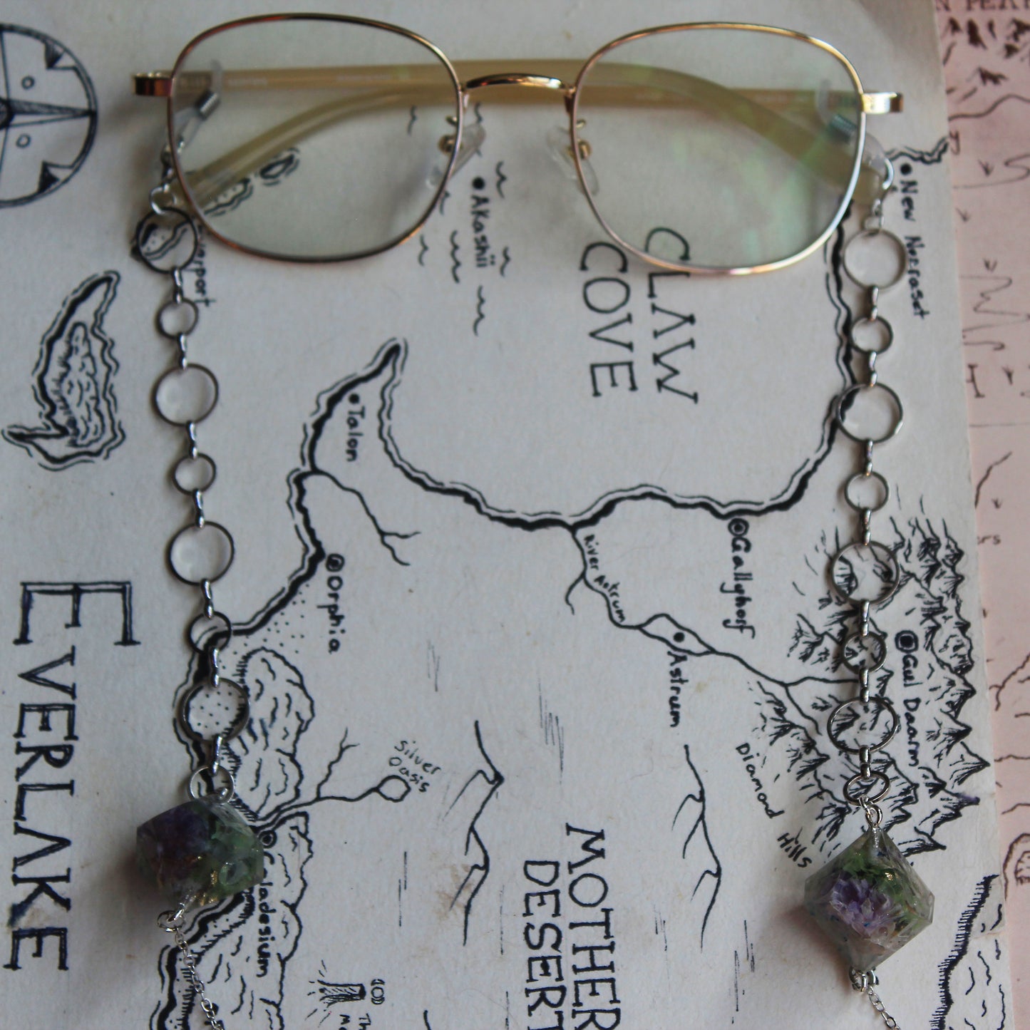 Homegrown Florals and Gold Flakes Glasses Chain with Dice
