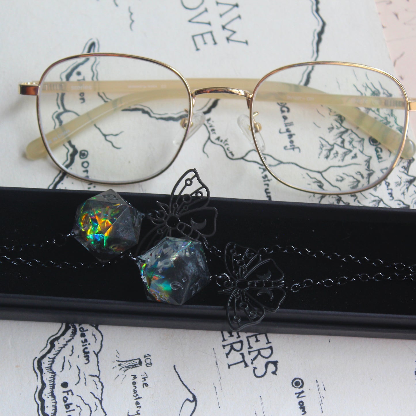 Midnight Butterflies Glasses Chain with Dice