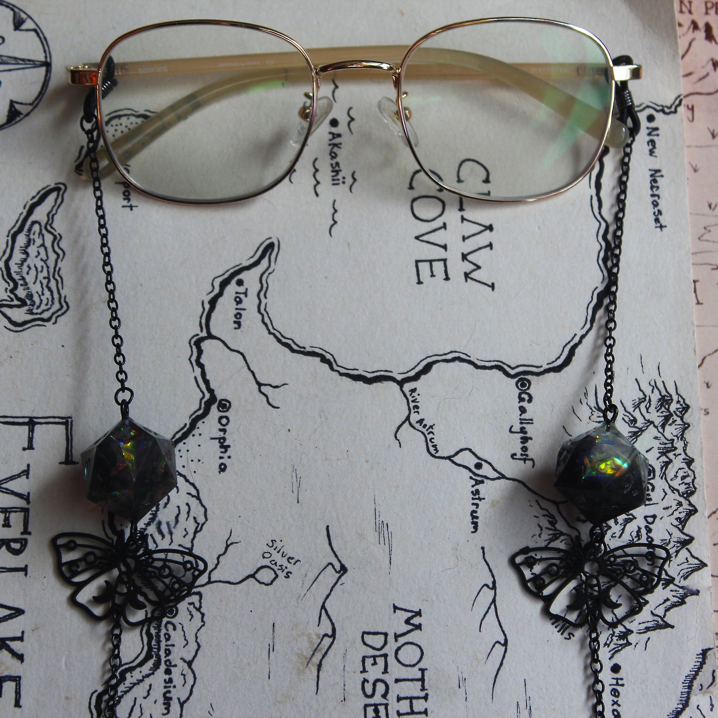Midnight Butterflies Glasses Chain with Dice
