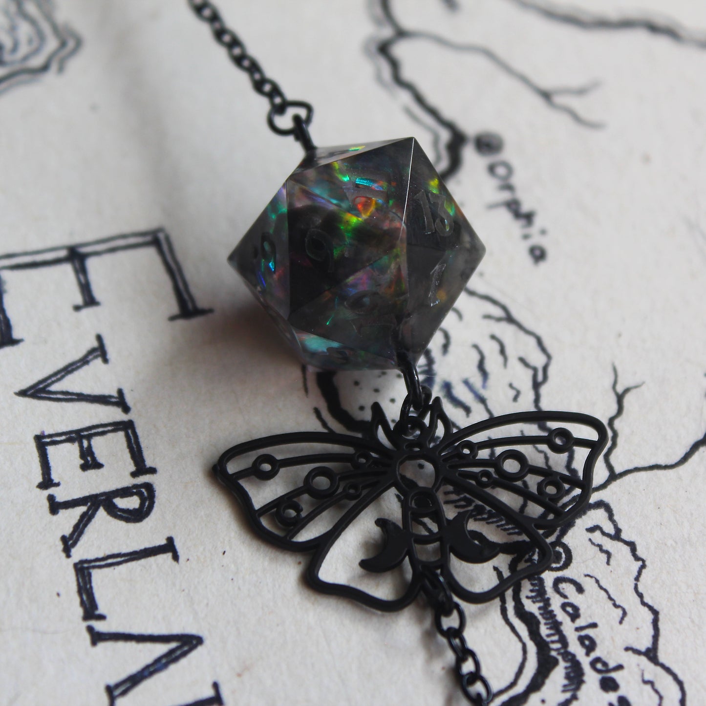 Midnight Butterflies Glasses Chain with Dice