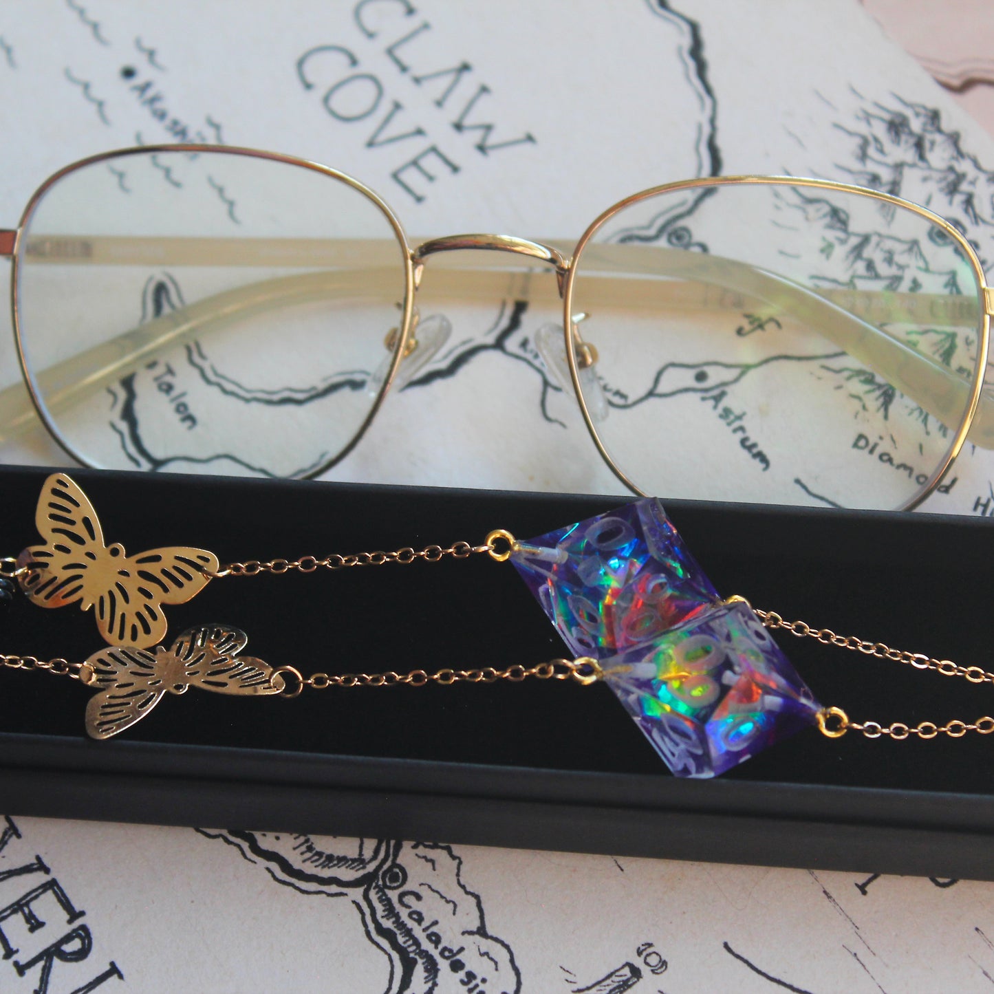 Butterflies & Enchanted Purple Flowers Glasses Chain with Dice