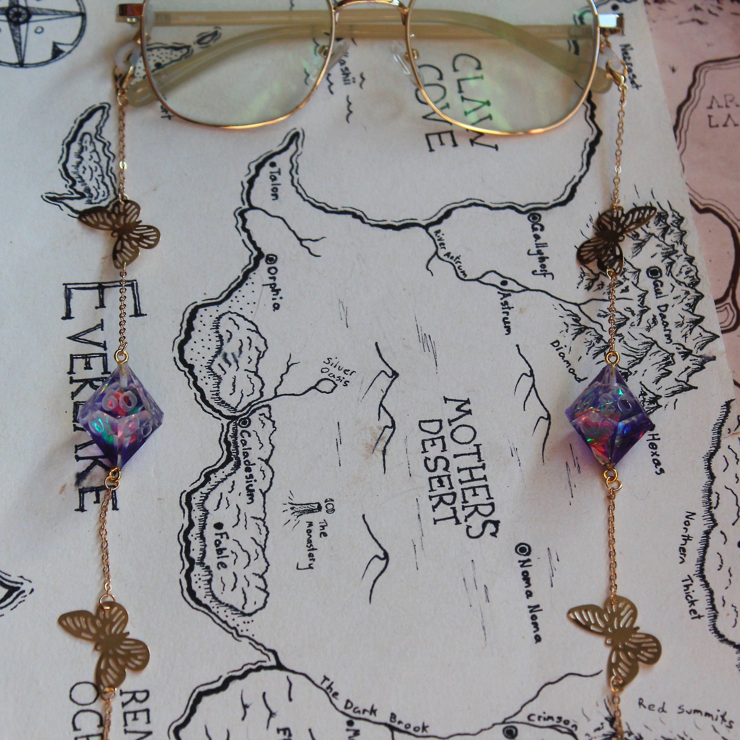 Butterflies & Enchanted Purple Flowers Glasses Chain with Dice