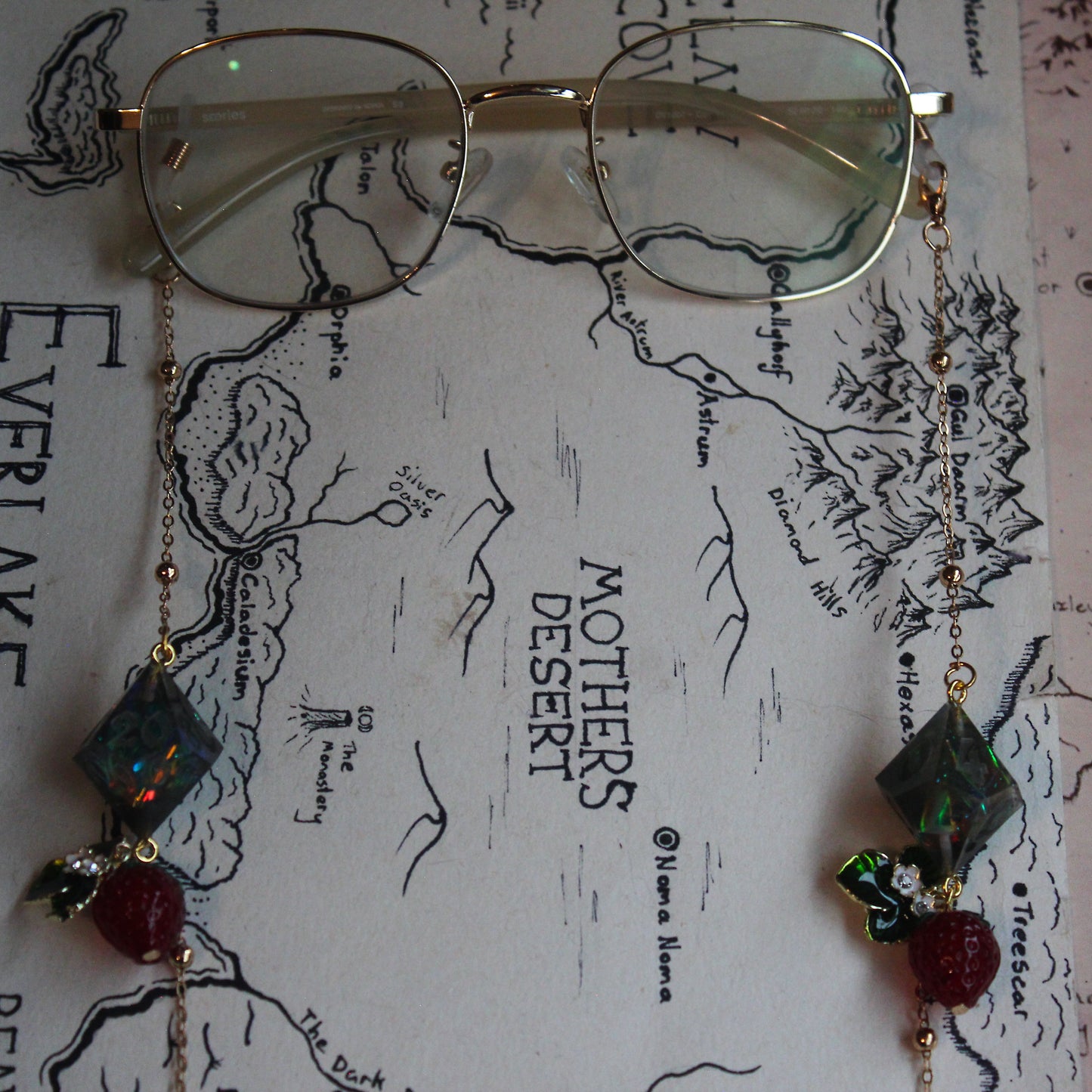 Bewitched Strawberries Glasses Chain with Dice