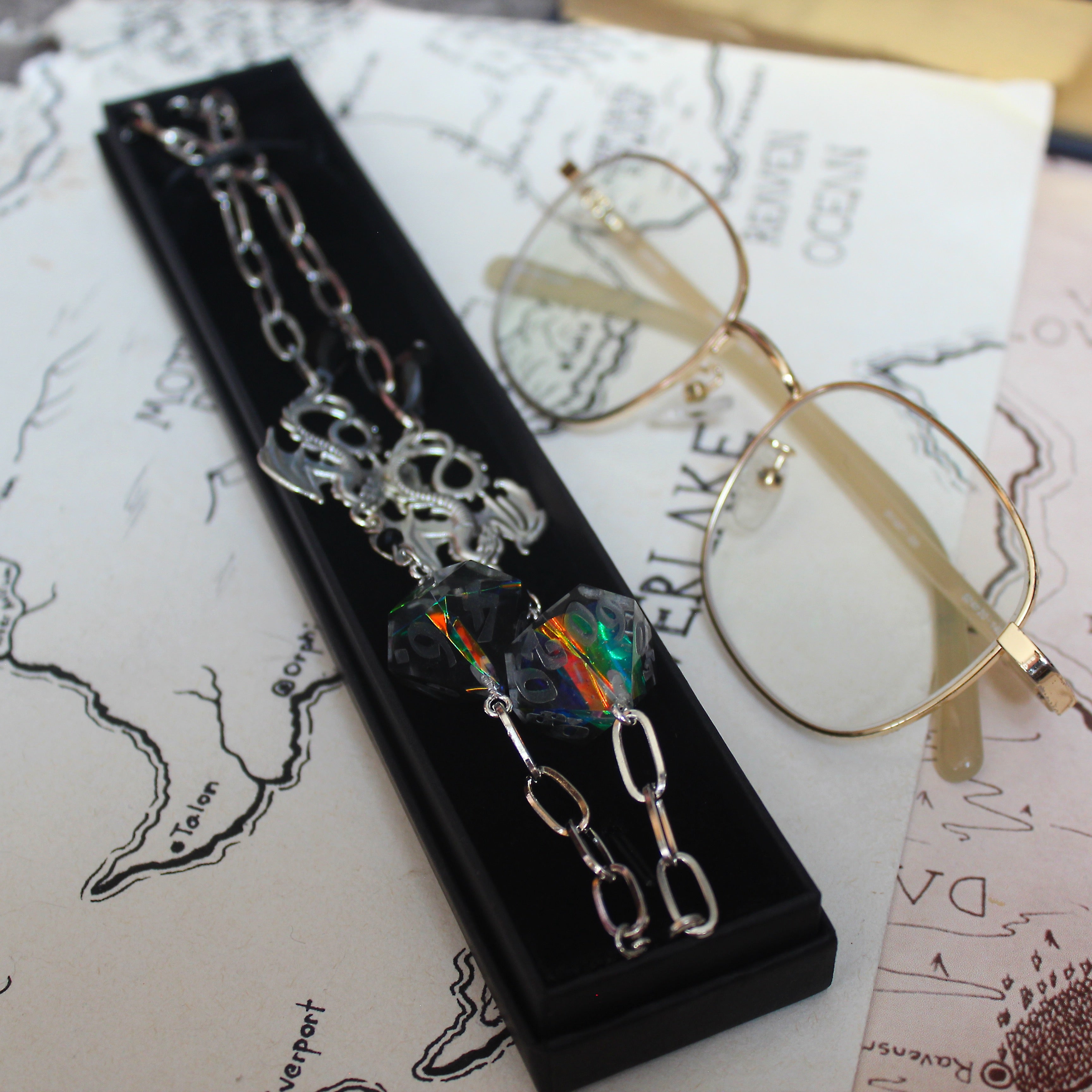Silver Dragon's Secrets Glasses Chain with Dice