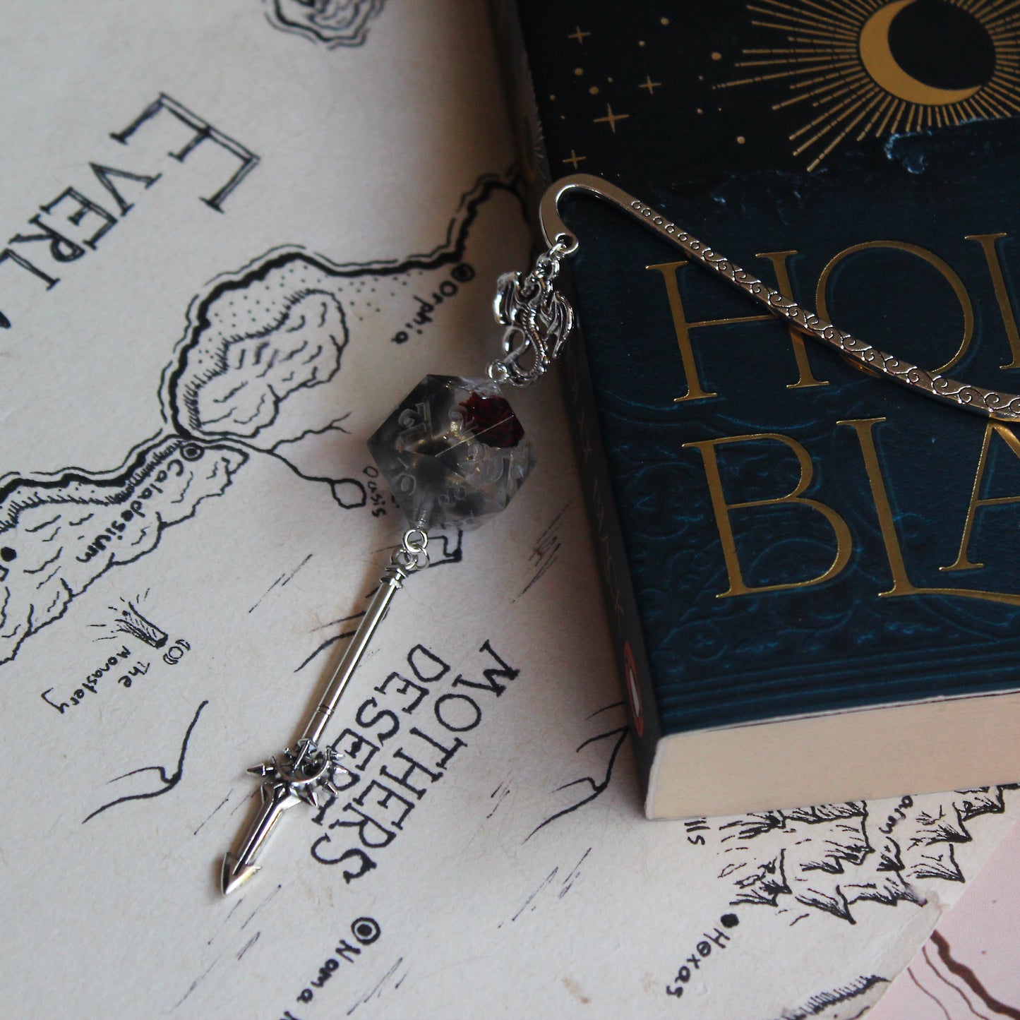 Blackened Rose Heart Metal Bookmark with Dice