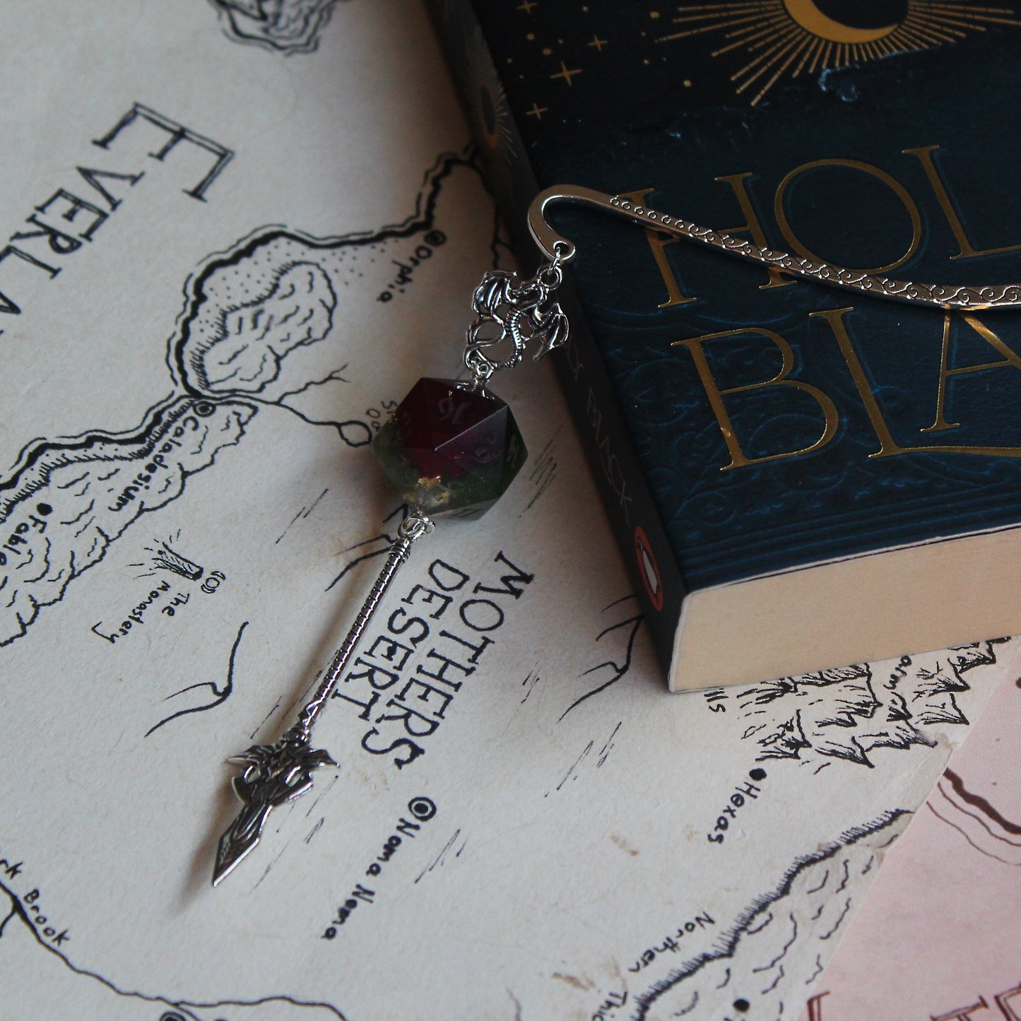Rose & Moss Metal Bookmark with Dice