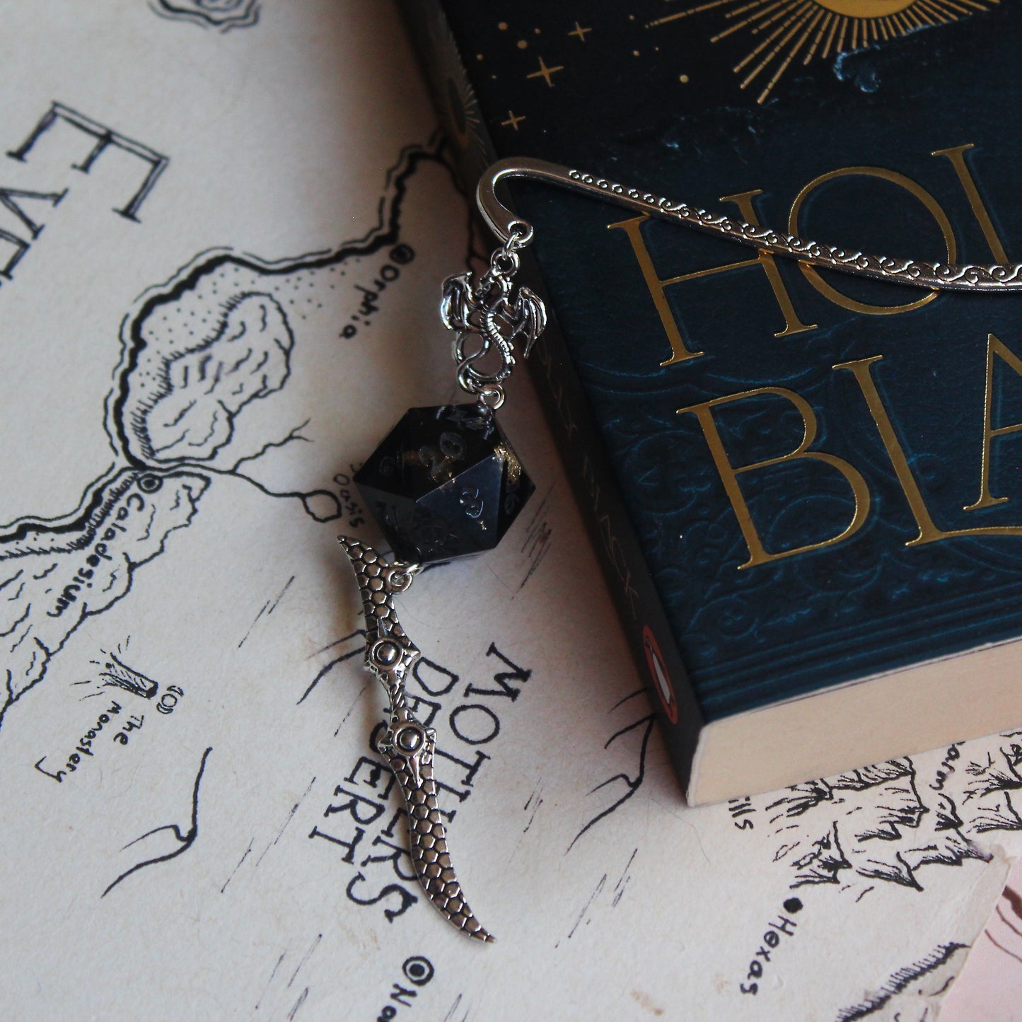 Midnight Serpent Metal Bookmark with Dice