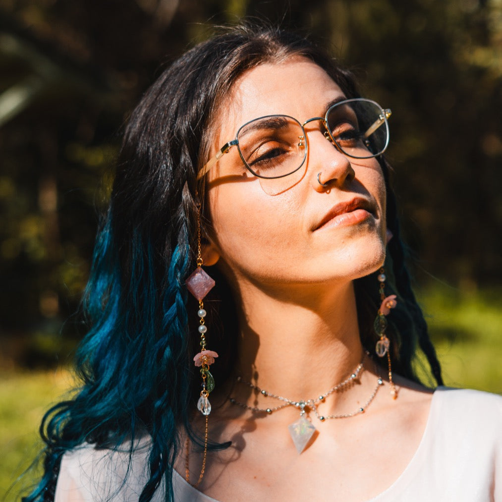 Lotus Pink Florals Glasses Chain with Dice