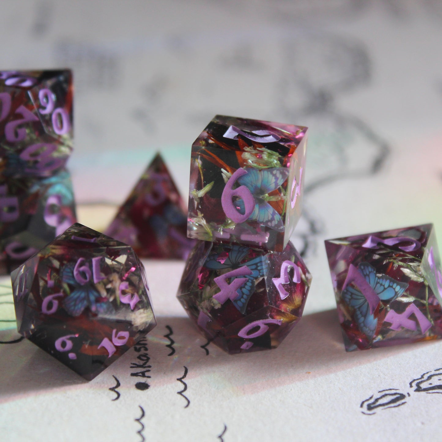 Magical Butterfly & Flower Meadow 7-Piece Dice Set