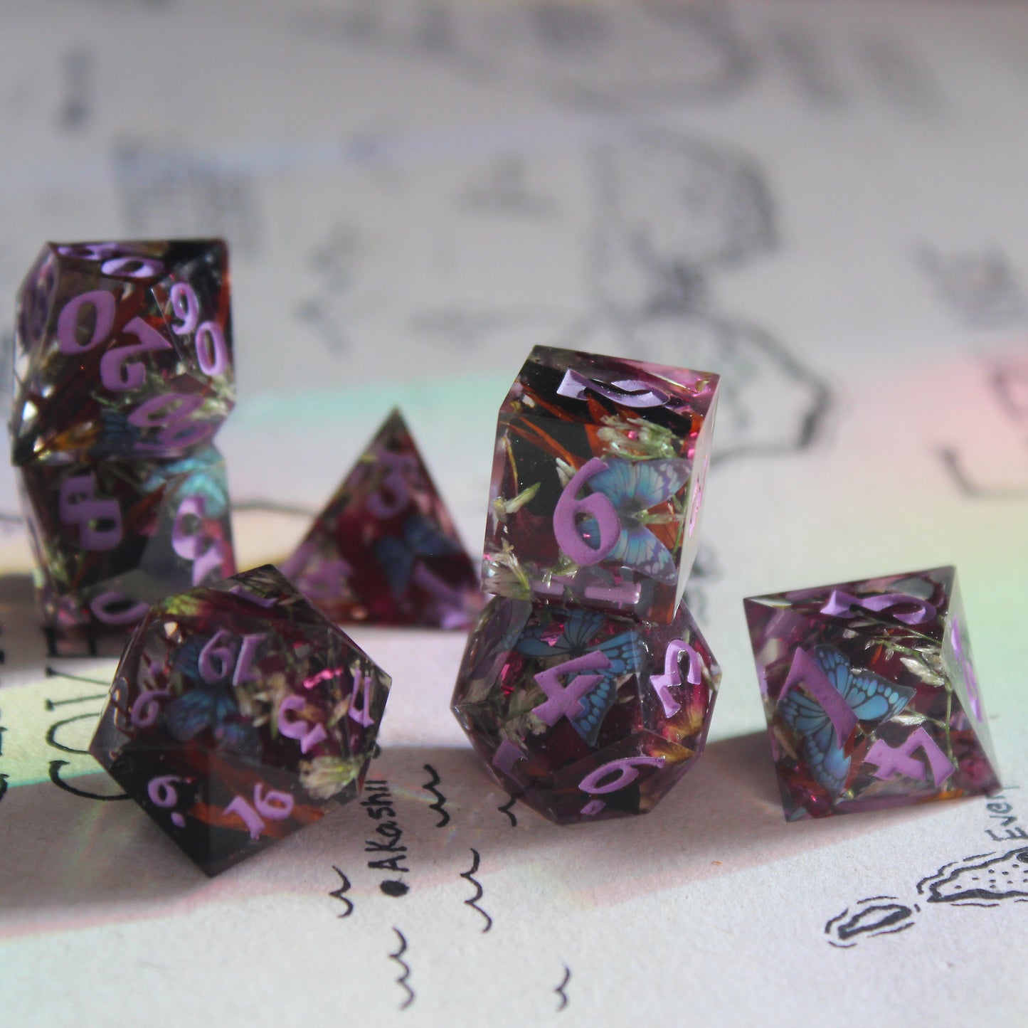 Magical Butterfly & Flower Meadow 7-Piece Dice Set