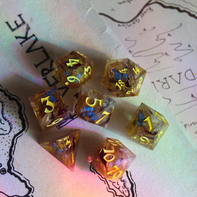 Dried Flowers & Blue Butterflies 7-Piece Polyhedral Dice Set
