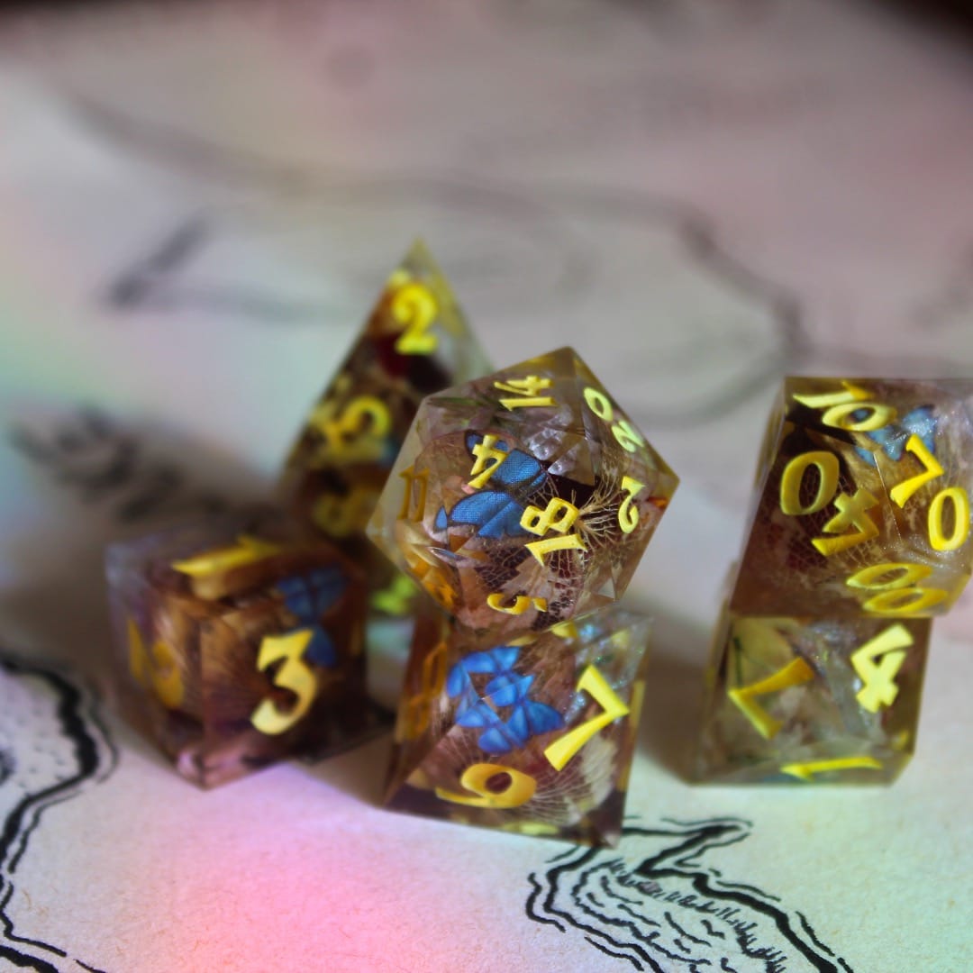 Dried Flowers & Blue Butterflies 7-Piece Polyhedral Dice Set
