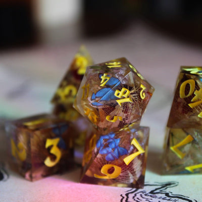 Dried Flowers & Blue Butterflies 7-Piece Polyhedral Dice Set