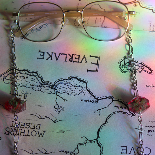 Dried Florals in Ruby Red Glasses Chain with Dice