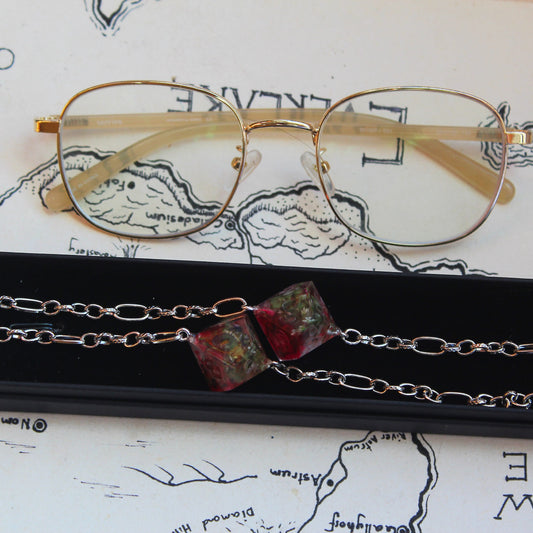 Dried Florals in Ruby Red Glasses Chain with Dice