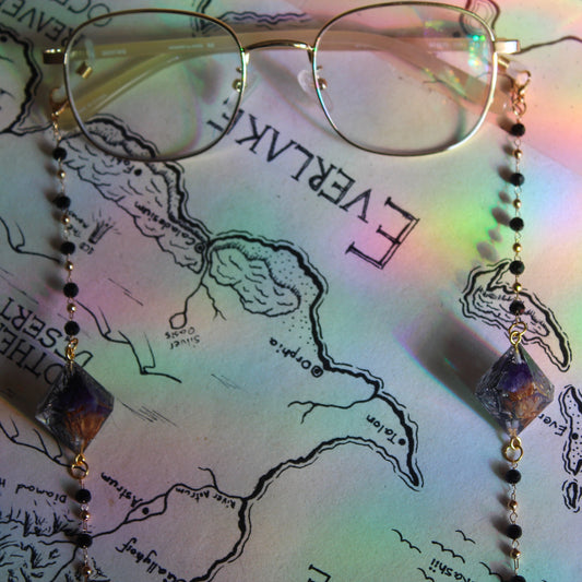 Purple Flowers at Midnight Glasses Chain with Dice