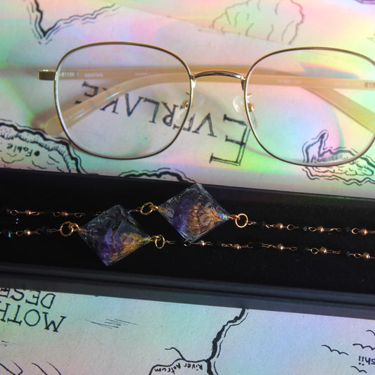 Purple Flowers at Midnight Glasses Chain with Dice