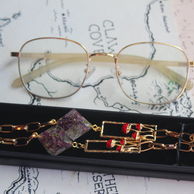 Homegrown Florals and Fungi Glasses Chain with Dice