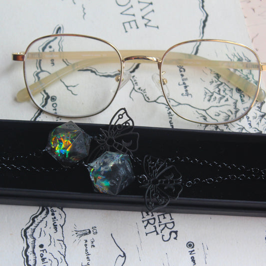 Midnight Butterflies Glasses Chain with Dice