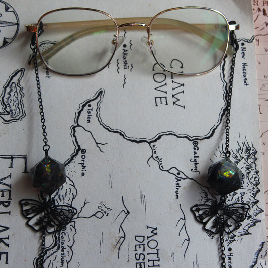 Midnight Butterflies Glasses Chain with Dice