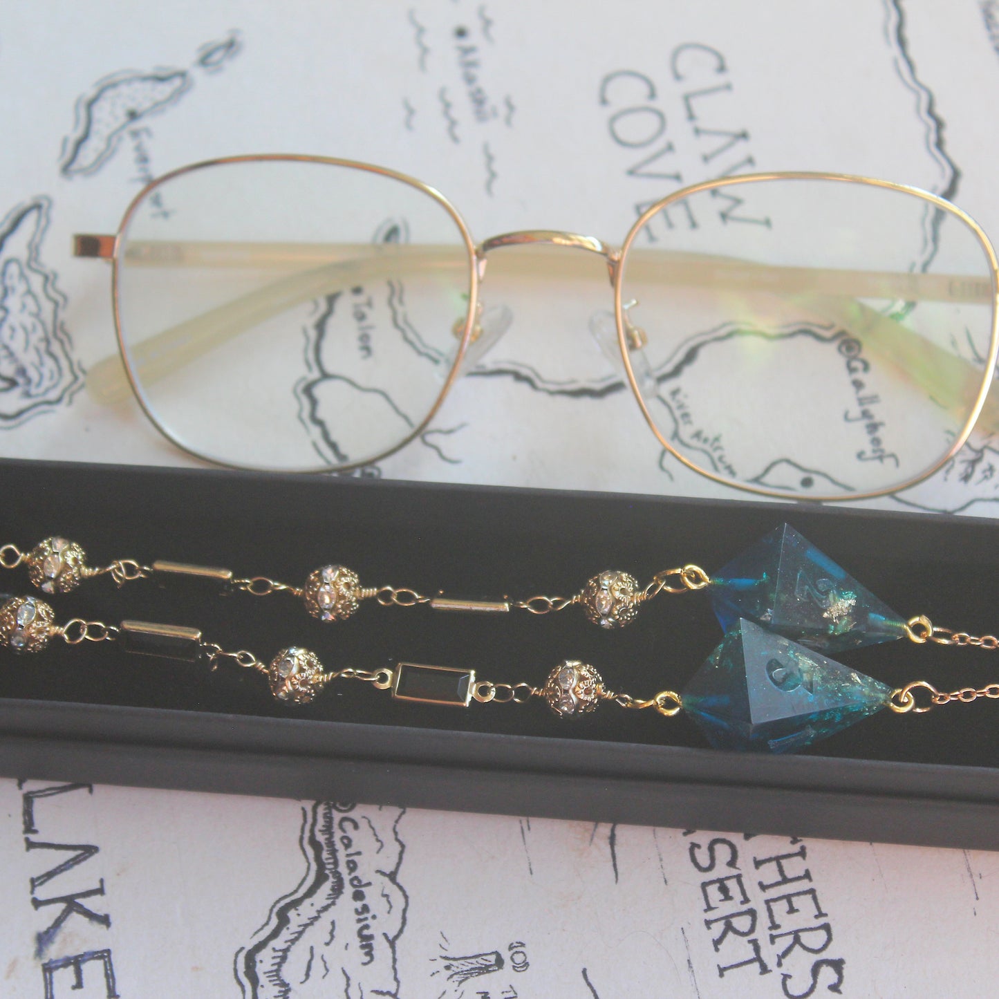 Gold Flakes in Deep Blue Glasses Chain with Dice