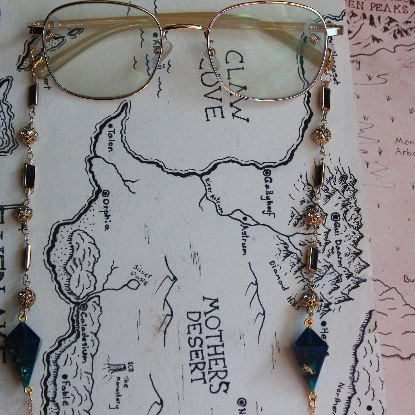Gold Flakes in Deep Blue Glasses Chain with Dice