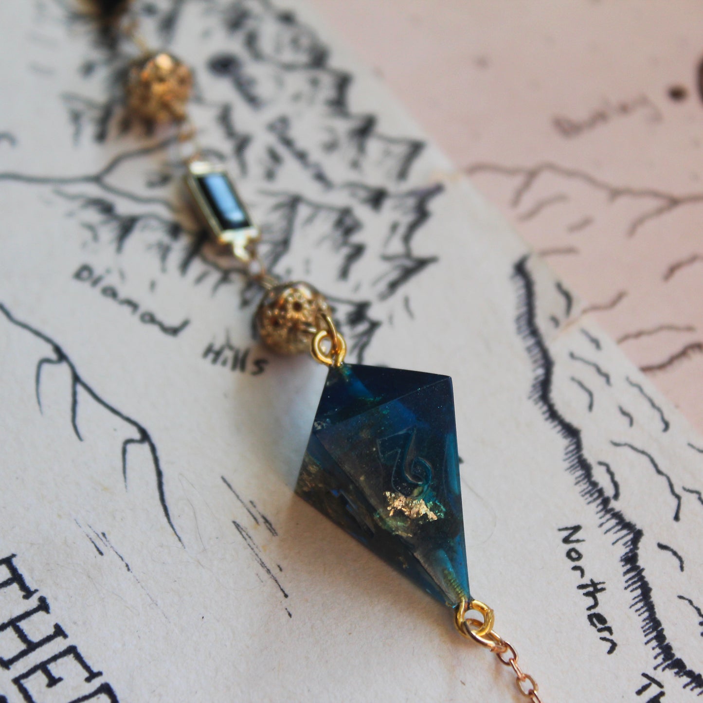 Gold Flakes in Deep Blue Glasses Chain with Dice