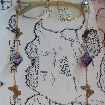 Butterflies & Enchanted Purple Flowers Glasses Chain with Dice