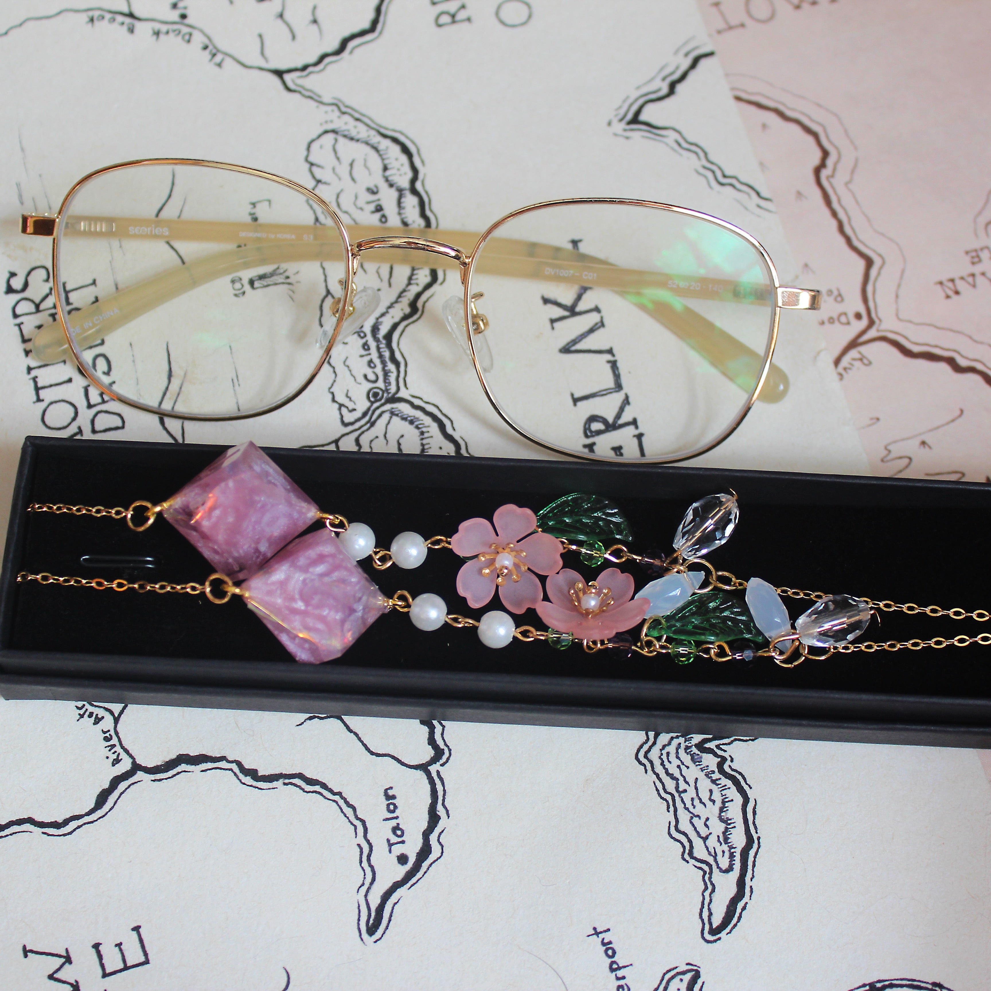 Lotus Pink Florals Glasses Chain with Dice