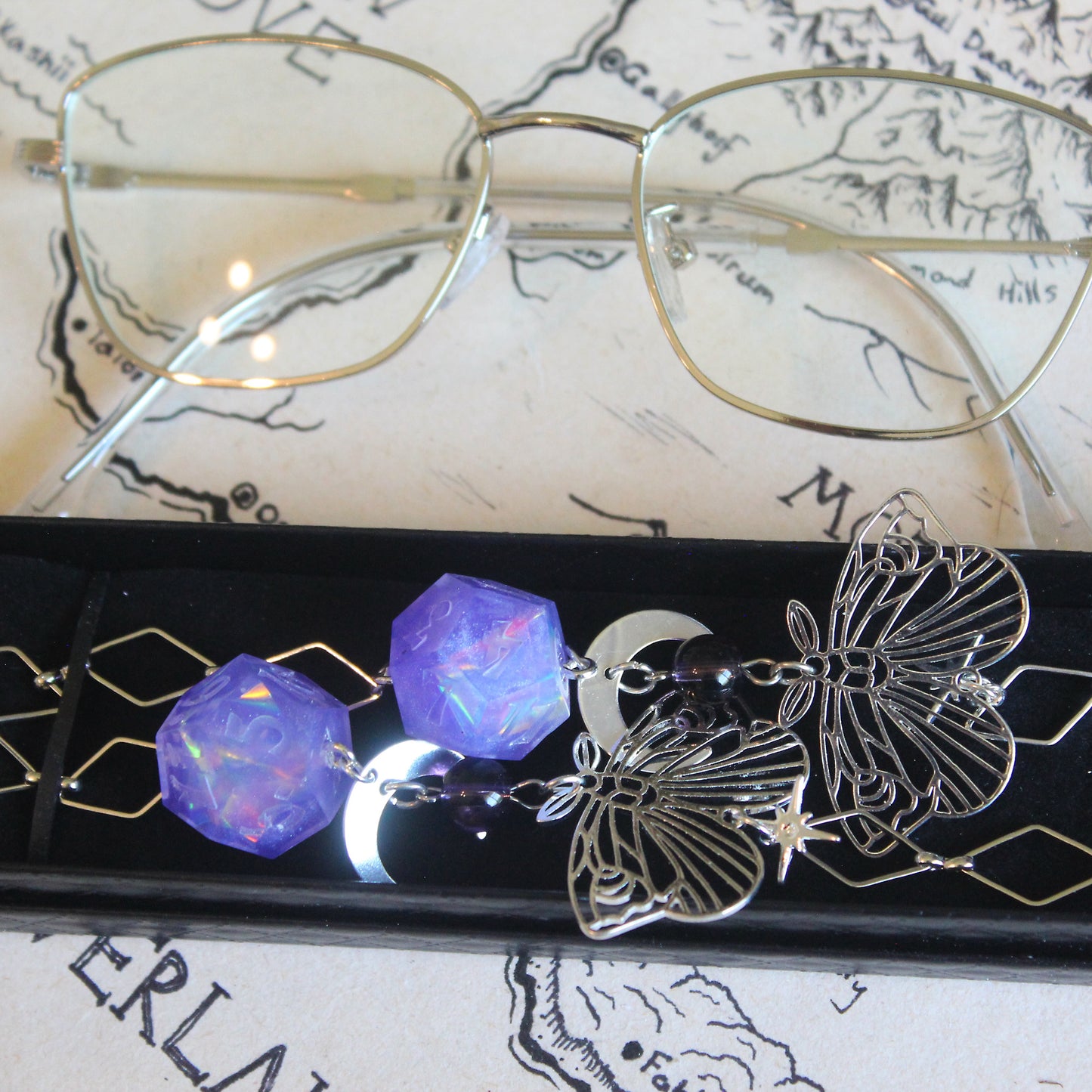 Royal Plumshade Glasses Chain with Dice