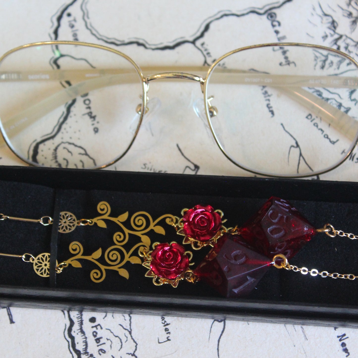 Crimson Embers Glasses Chain with Dice