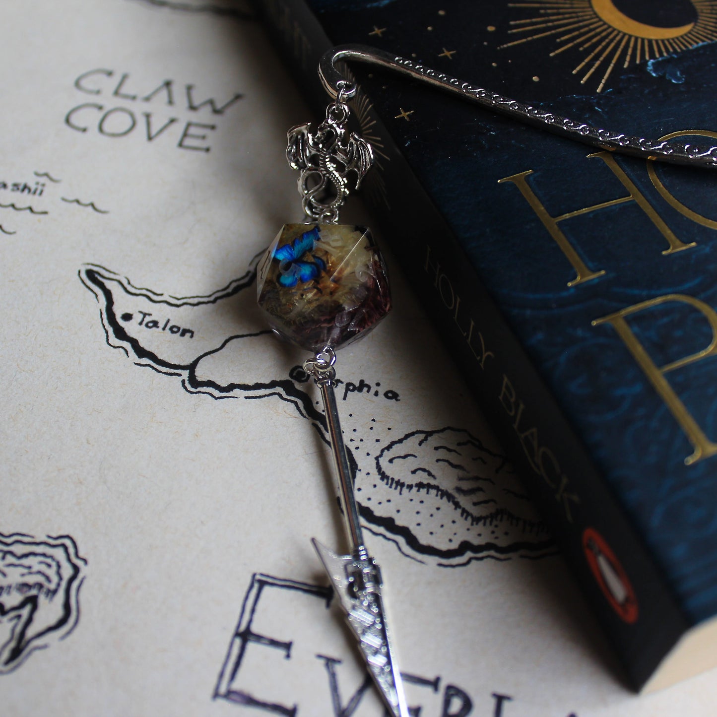 Blue Butterfly Garden Sword Bookmark with Dice