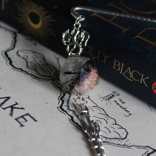 Pink Flower & Black Feather Metal Bookmark with Dice