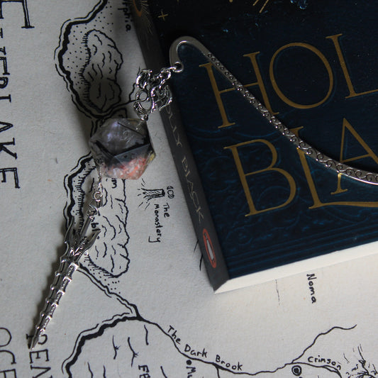 Pink Flower & Black Feather Metal Bookmark with Dice