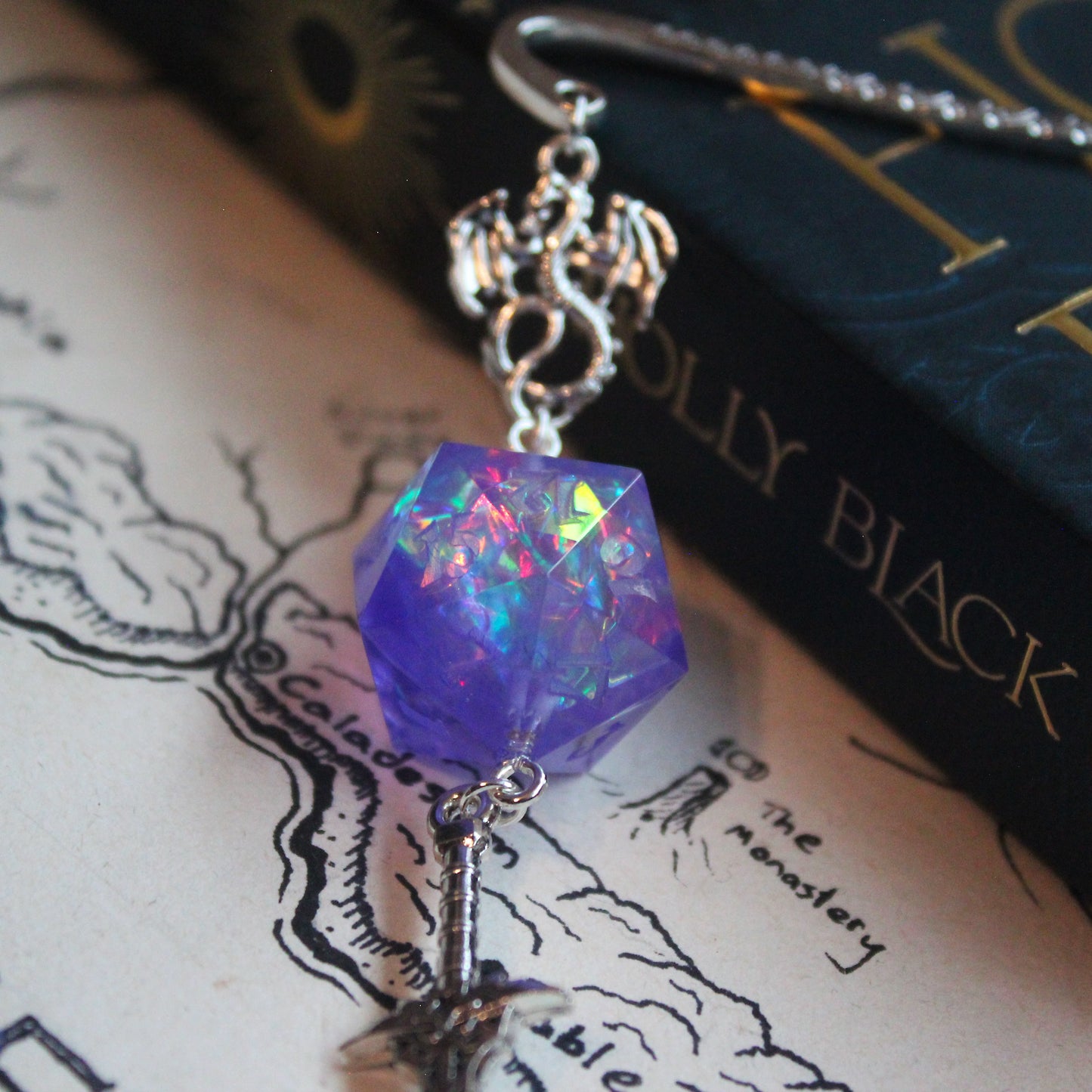 Purple Fireworks Metal Bookmark with Dice