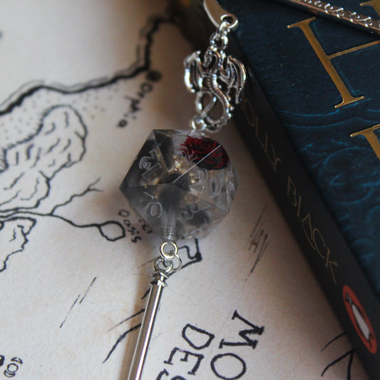 Blackened Rose Heart Metal Bookmark with Dice