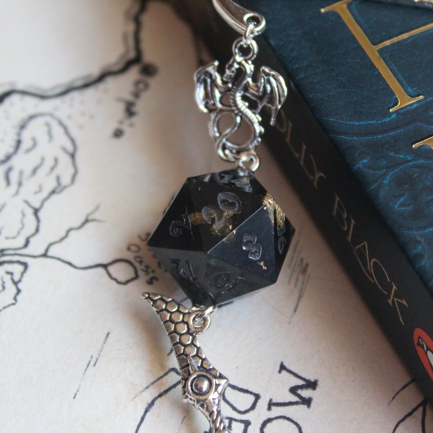 Midnight Serpent Metal Bookmark with Dice