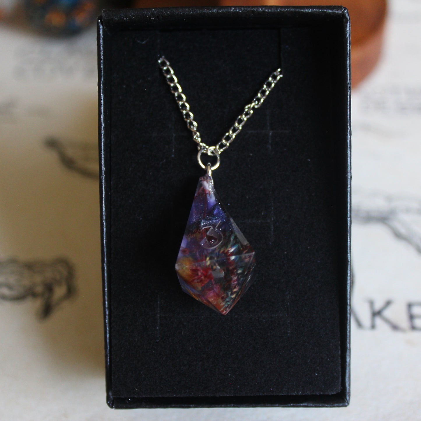 Smoky Purple & Florals Dice Necklace