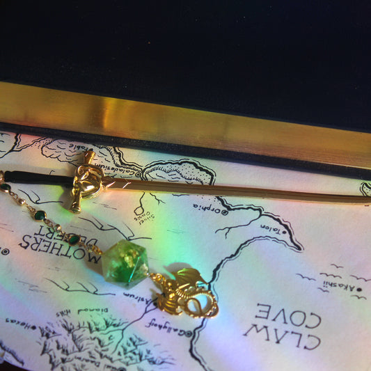 Snakeskin, Moss & Gold Hair Sword with Dice