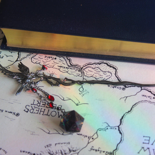 Crimson Red Raven Hair Stick with Dice