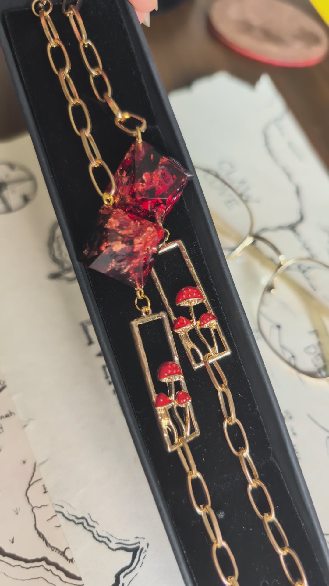 Ruby Red Fungi Friends Glasses Chain with Dice