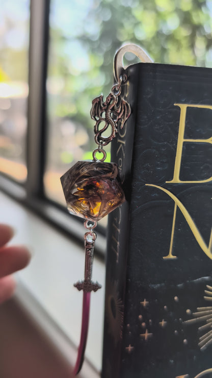 Enchanted Feather Metal Bookmark with Dice