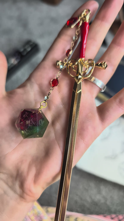 Red Rose & Moss Hair Sword with Dice