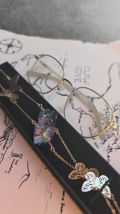 Butterflies & Enchanted Purple Flowers Glasses Chain with Dice